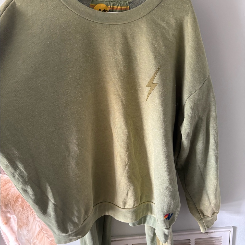 Aviator Nation Olive sweatshirt and joggers with lime and Yellow Stripes - Picture 7 of 9